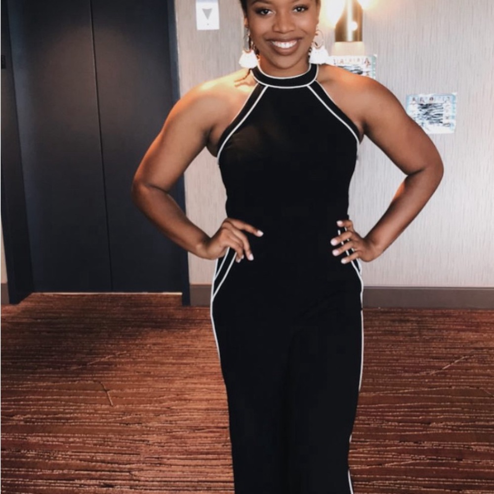 Lulu's Black and White Halter Jumpsuit with Fitted Bodice and Sleeveless Design